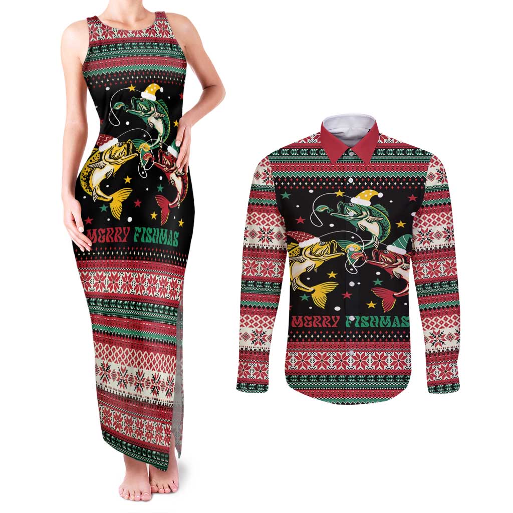 Funny Fishmas Bass Couples Matching Tank Maxi Dress and Long Sleeve Button Shirt Christmas Santa Hat Lights - Wonder Print Shop