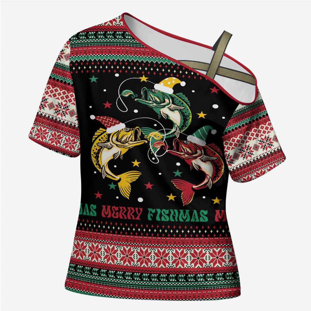 Funny Fishmas Bass Cross Shoulder Shirt Christmas Santa Hat Lights - Wonder Print Shop