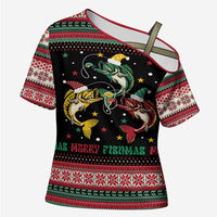 Funny Fishmas Bass Cross Shoulder Shirt Christmas Santa Hat Lights - Wonder Print Shop