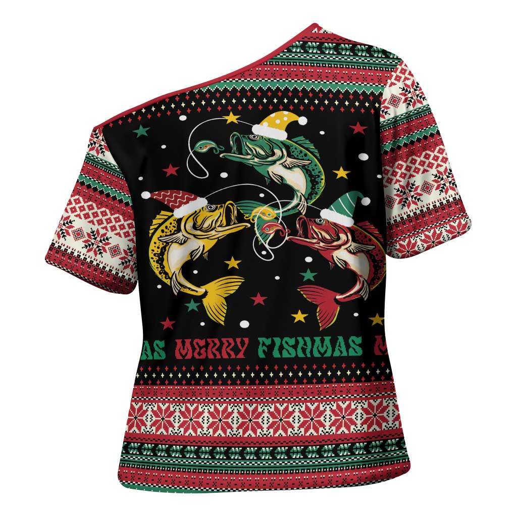 Funny Fishmas Bass Cross Shoulder Shirt Christmas Santa Hat Lights - Wonder Print Shop