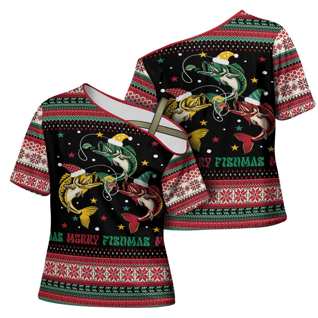 Funny Fishmas Bass Cross Shoulder Shirt Christmas Santa Hat Lights - Wonder Print Shop