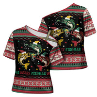 Funny Fishmas Bass Cross Shoulder Shirt Christmas Santa Hat Lights - Wonder Print Shop