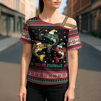Funny Fishmas Bass Cross Shoulder Shirt Christmas Santa Hat Lights - Wonder Print Shop