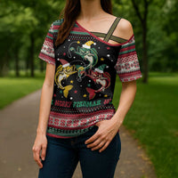 Funny Fishmas Bass Cross Shoulder Shirt Christmas Santa Hat Lights - Wonder Print Shop