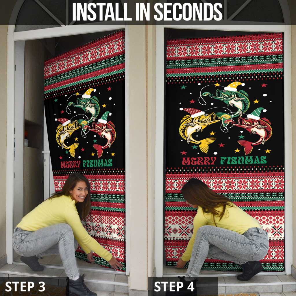 Funny Fishmas Bass Door Cover Christmas Santa Hat Lights - Wonder Print Shop