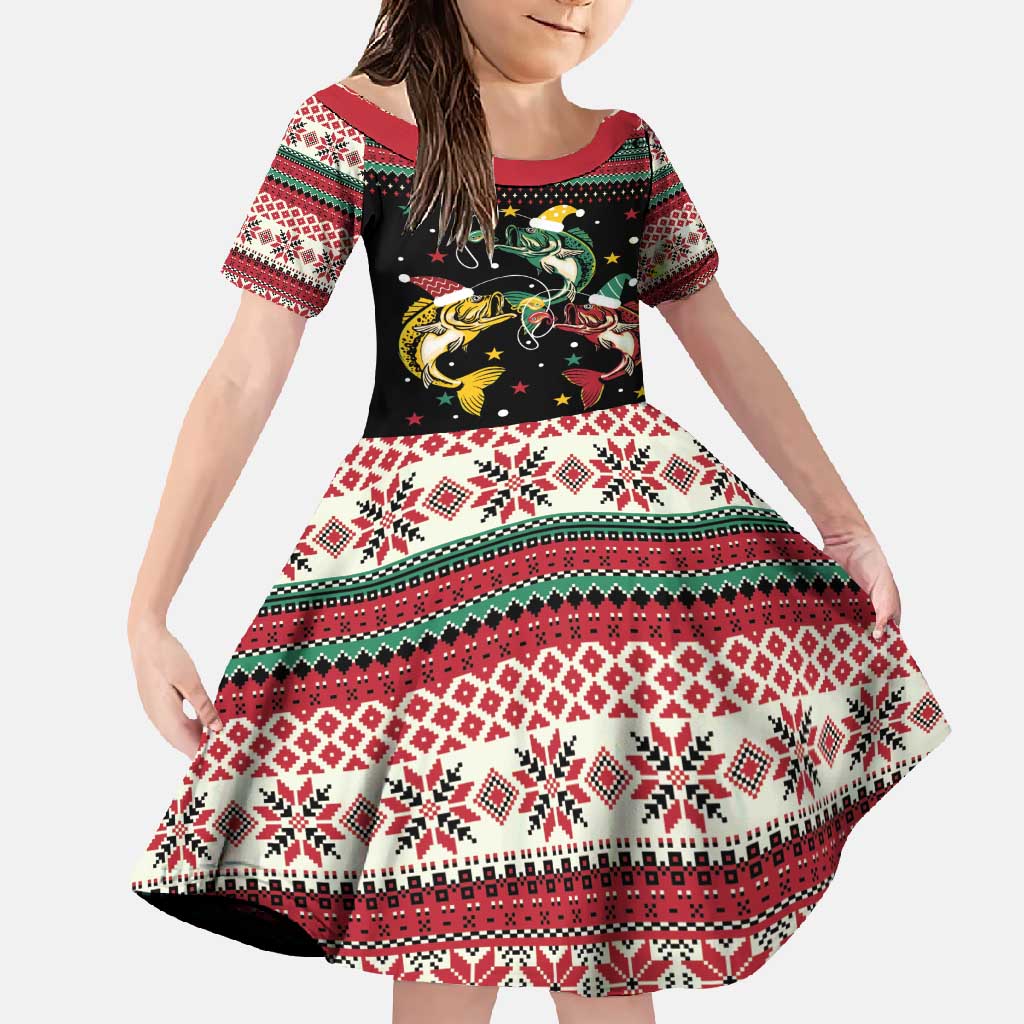 Funny Fishmas Bass Family Matching Long Sleeve Bodycon Dress and Hawaiian Shirt Christmas Santa Hat Lights - Wonder Print Shop