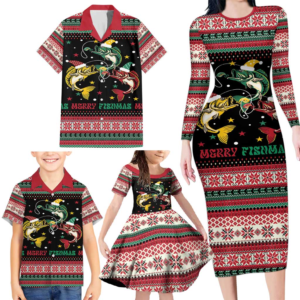 Funny Fishmas Bass Family Matching Long Sleeve Bodycon Dress and Hawaiian Shirt Christmas Santa Hat Lights - Wonder Print Shop