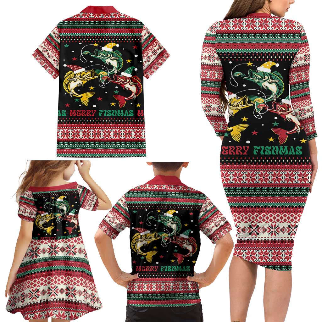 Funny Fishmas Bass Family Matching Long Sleeve Bodycon Dress and Hawaiian Shirt Christmas Santa Hat Lights - Wonder Print Shop