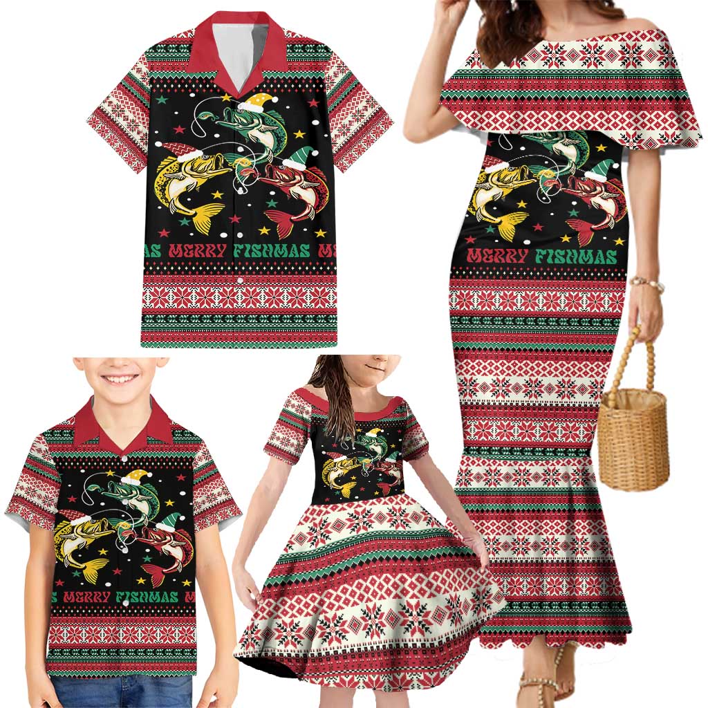Funny Fishmas Bass Family Matching Mermaid Dress and Hawaiian Shirt Christmas Santa Hat Lights - Wonder Print Shop