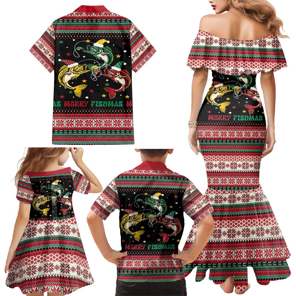 Funny Fishmas Bass Family Matching Mermaid Dress and Hawaiian Shirt Christmas Santa Hat Lights - Wonder Print Shop