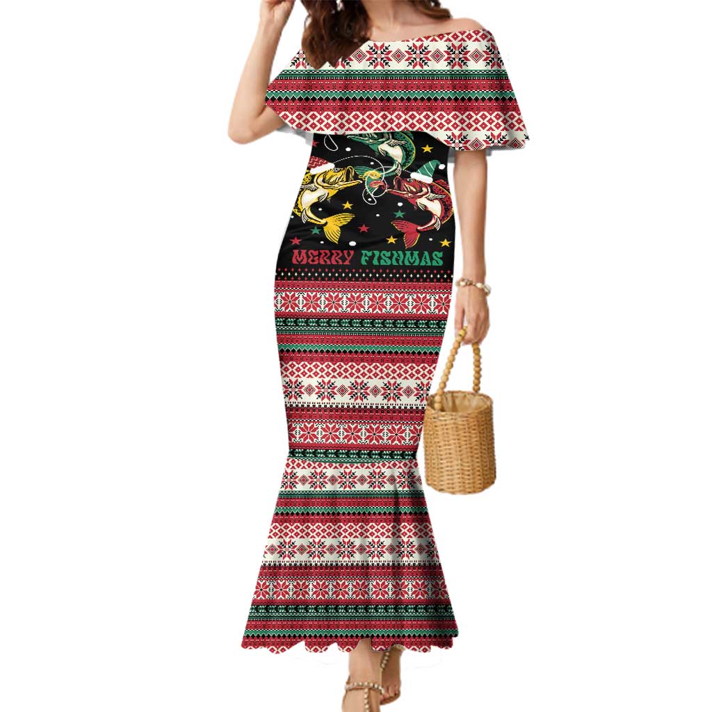 Funny Fishmas Bass Family Matching Mermaid Dress and Hawaiian Shirt Christmas Santa Hat Lights - Wonder Print Shop