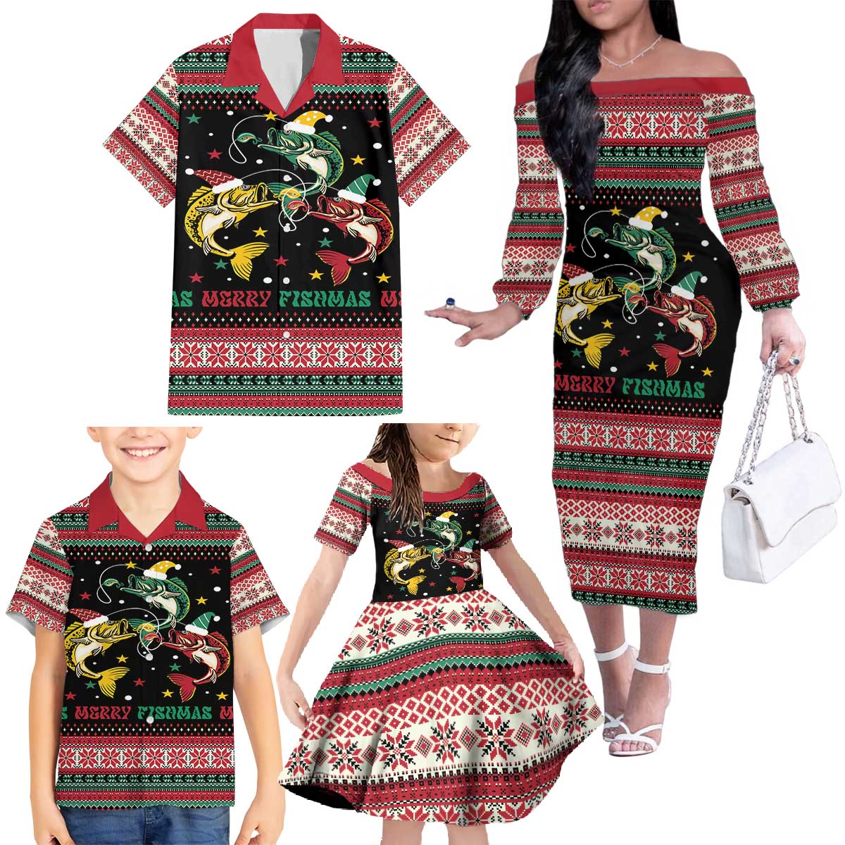 Funny Fishmas Bass Family Matching Off The Shoulder Long Sleeve Dress and Hawaiian Shirt Christmas Santa Hat Lights - Wonder Print Shop