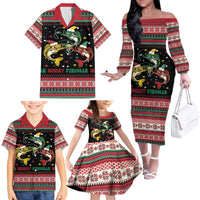 Funny Fishmas Bass Family Matching Off The Shoulder Long Sleeve Dress and Hawaiian Shirt Christmas Santa Hat Lights - Wonder Print Shop