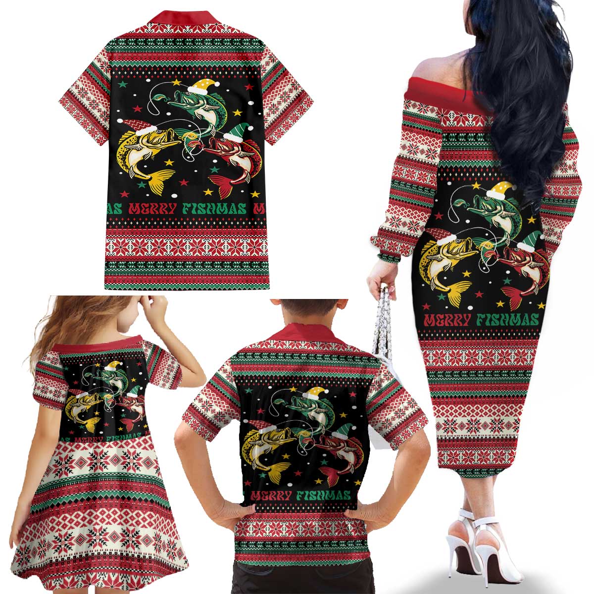 Funny Fishmas Bass Family Matching Off The Shoulder Long Sleeve Dress and Hawaiian Shirt Christmas Santa Hat Lights - Wonder Print Shop
