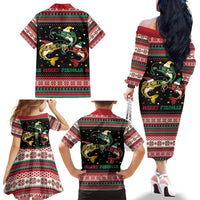 Funny Fishmas Bass Family Matching Off The Shoulder Long Sleeve Dress and Hawaiian Shirt Christmas Santa Hat Lights - Wonder Print Shop