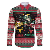 Funny Fishmas Bass Family Matching Off The Shoulder Long Sleeve Dress and Hawaiian Shirt Christmas Santa Hat Lights - Wonder Print Shop