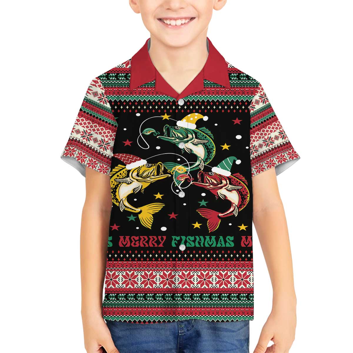 Funny Fishmas Bass Family Matching Off The Shoulder Long Sleeve Dress and Hawaiian Shirt Christmas Santa Hat Lights - Wonder Print Shop