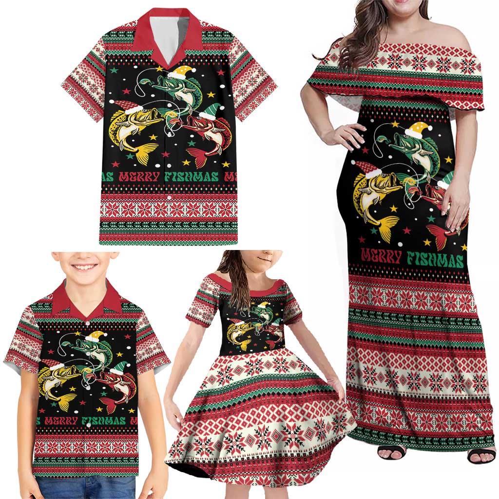 Funny Fishmas Bass Family Matching Off Shoulder Maxi Dress and Hawaiian Shirt Christmas Santa Hat Lights - Wonder Print Shop