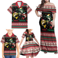 Funny Fishmas Bass Family Matching Off Shoulder Maxi Dress and Hawaiian Shirt Christmas Santa Hat Lights - Wonder Print Shop