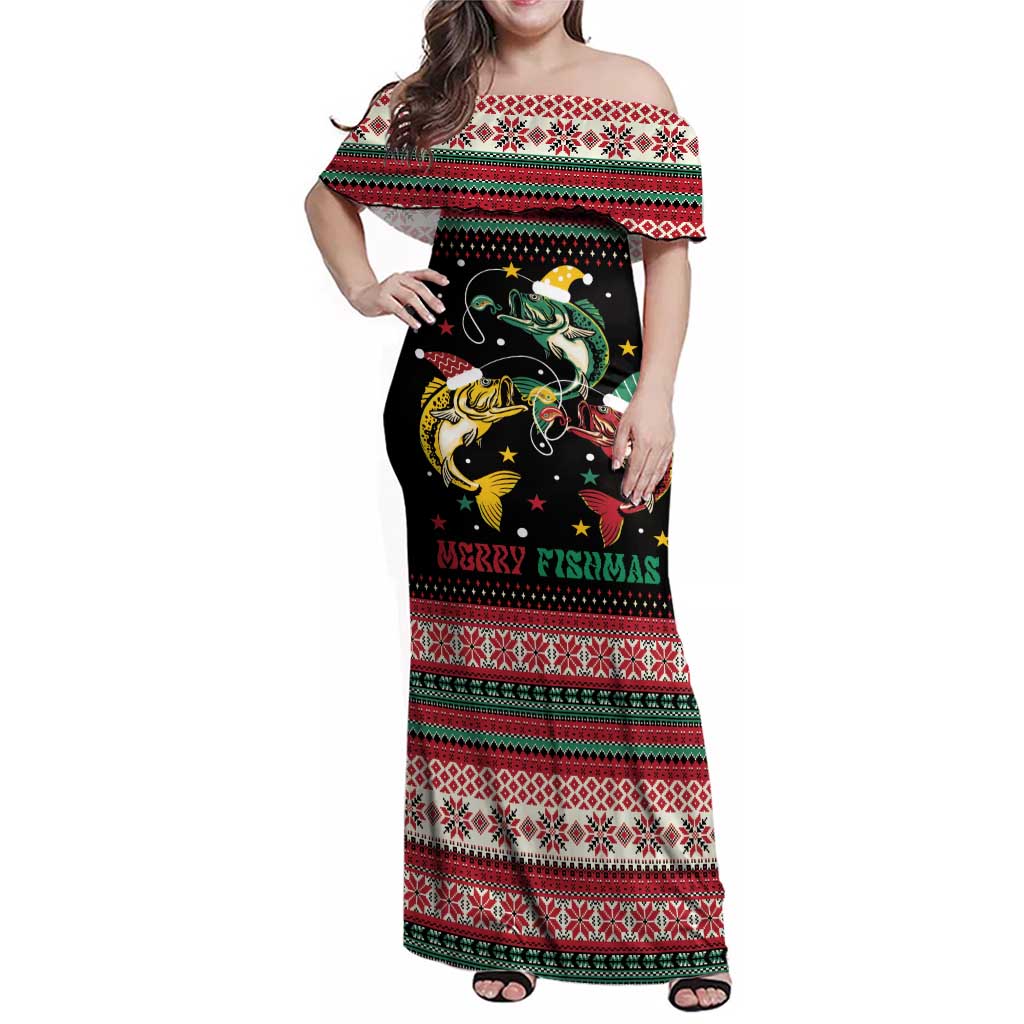 Funny Fishmas Bass Family Matching Off Shoulder Maxi Dress and Hawaiian Shirt Christmas Santa Hat Lights - Wonder Print Shop