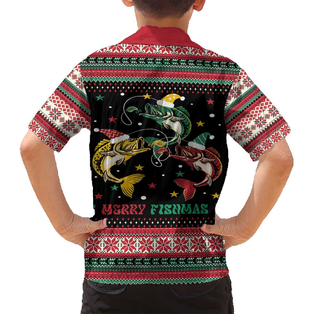 Funny Fishmas Bass Family Matching Off Shoulder Short Dress and Hawaiian Shirt Christmas Santa Hat Lights - Wonder Print Shop