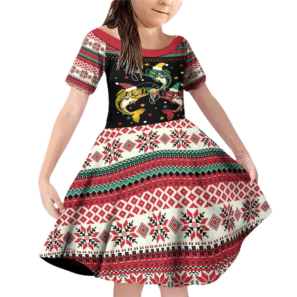 Funny Fishmas Bass Family Matching Off Shoulder Short Dress and Hawaiian Shirt Christmas Santa Hat Lights - Wonder Print Shop