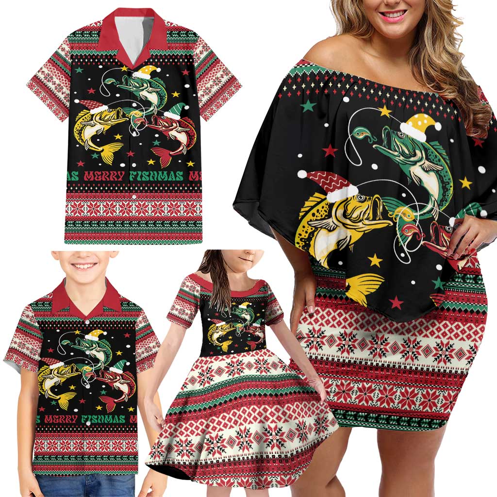 Funny Fishmas Bass Family Matching Off Shoulder Short Dress and Hawaiian Shirt Christmas Santa Hat Lights - Wonder Print Shop