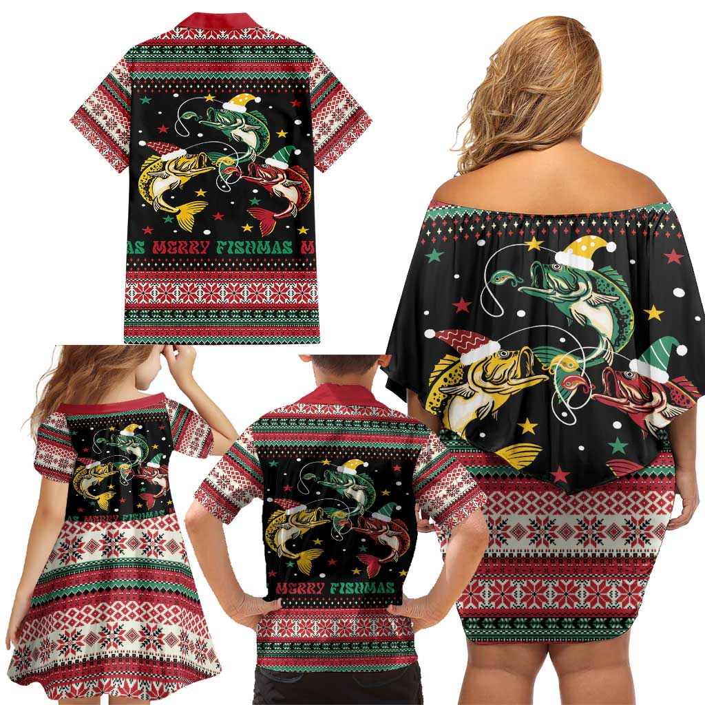 Funny Fishmas Bass Family Matching Off Shoulder Short Dress and Hawaiian Shirt Christmas Santa Hat Lights - Wonder Print Shop