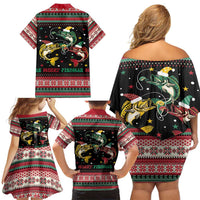 Funny Fishmas Bass Family Matching Off Shoulder Short Dress and Hawaiian Shirt Christmas Santa Hat Lights - Wonder Print Shop