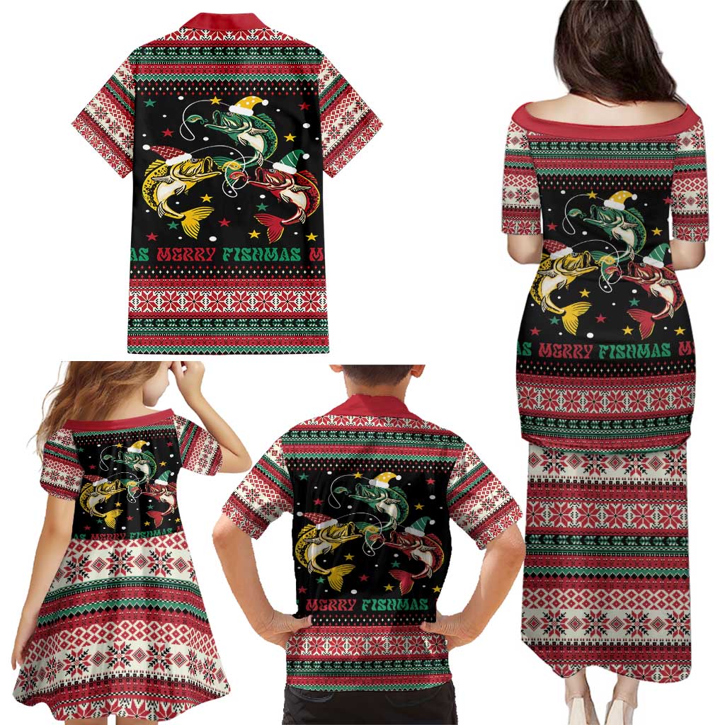 Funny Fishmas Bass Family Matching Puletasi and Hawaiian Shirt Christmas Santa Hat Lights - Wonder Print Shop