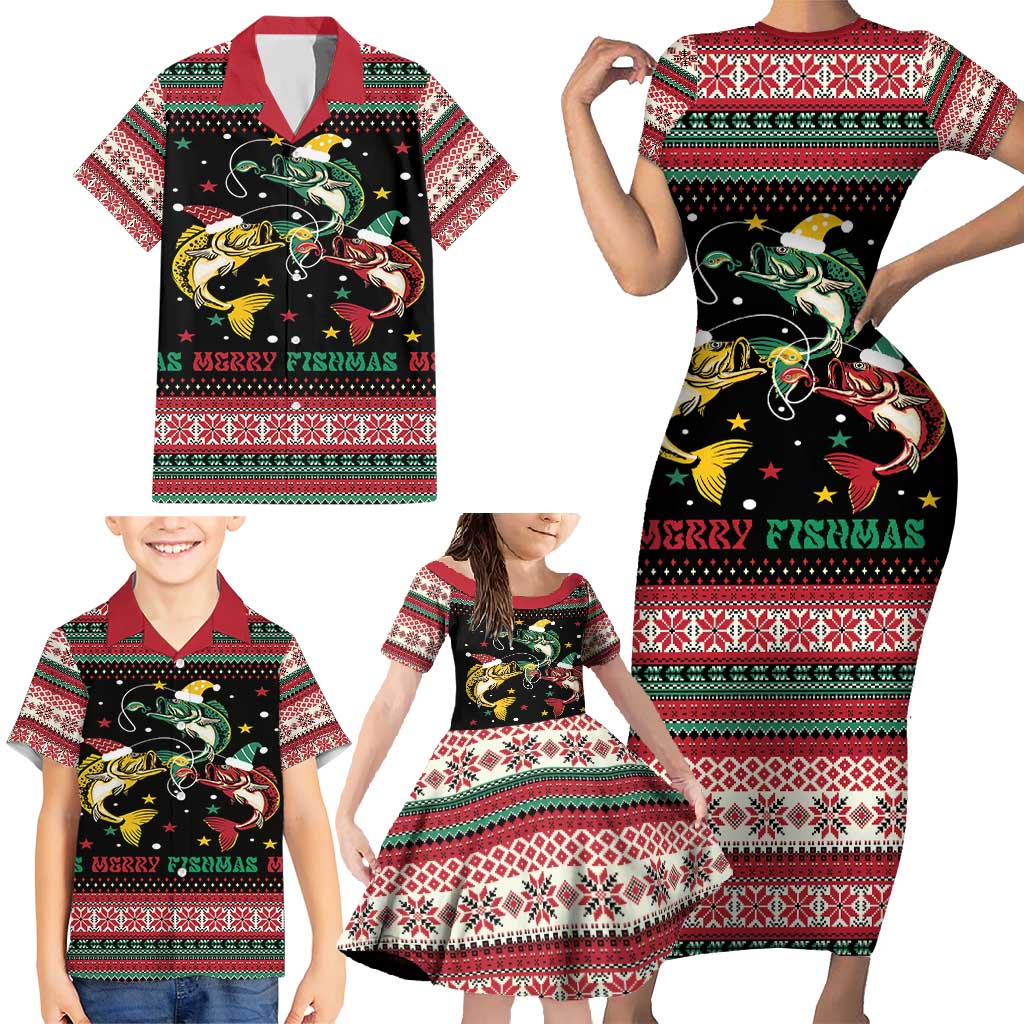 Funny Fishmas Bass Family Matching Short Sleeve Bodycon Dress and Hawaiian Shirt Christmas Santa Hat Lights - Wonder Print Shop