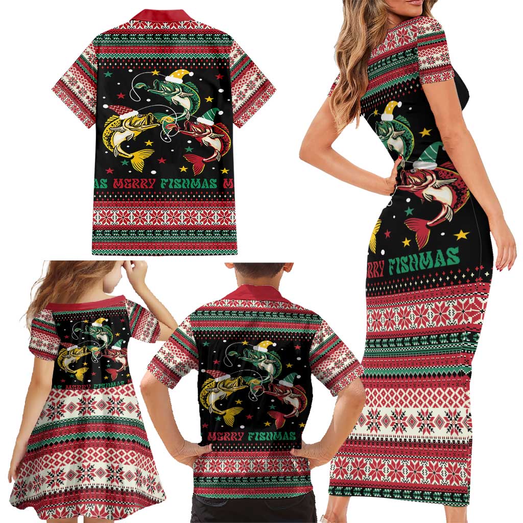Funny Fishmas Bass Family Matching Short Sleeve Bodycon Dress and Hawaiian Shirt Christmas Santa Hat Lights - Wonder Print Shop