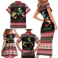 Funny Fishmas Bass Family Matching Short Sleeve Bodycon Dress and Hawaiian Shirt Christmas Santa Hat Lights - Wonder Print Shop
