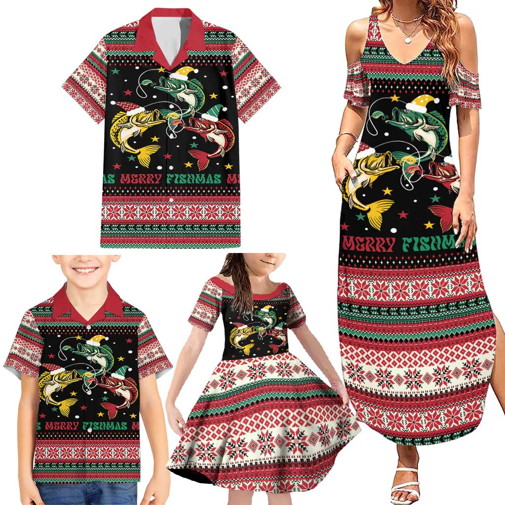 Funny Fishmas Bass Family Matching Summer Maxi Dress and Hawaiian Shirt Christmas Santa Hat Lights - Wonder Print Shop