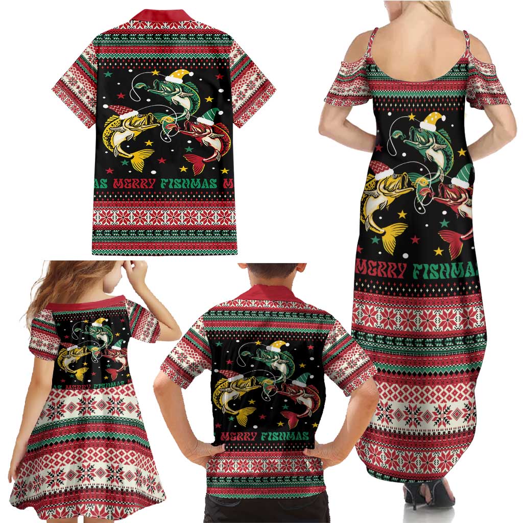 Funny Fishmas Bass Family Matching Summer Maxi Dress and Hawaiian Shirt Christmas Santa Hat Lights - Wonder Print Shop