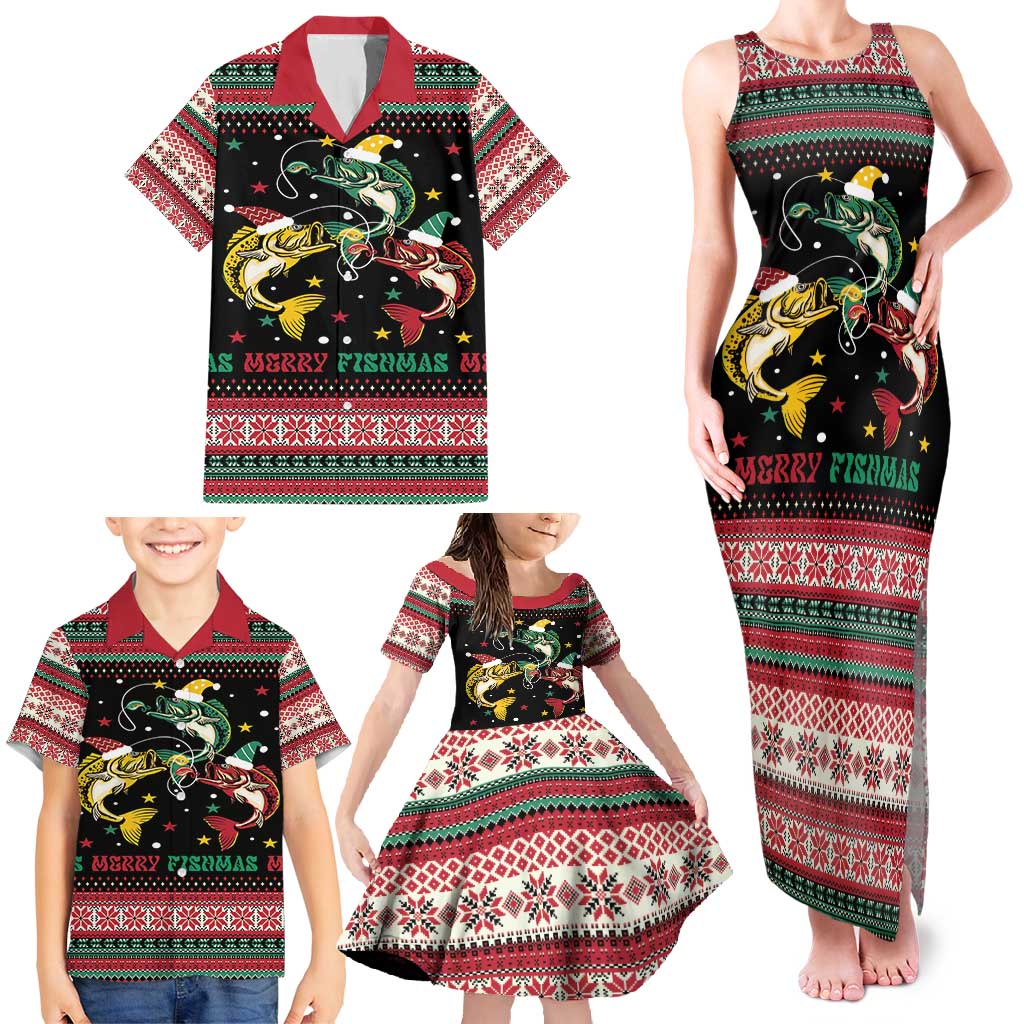 Funny Fishmas Bass Family Matching Tank Maxi Dress and Hawaiian Shirt Christmas Santa Hat Lights - Wonder Print Shop
