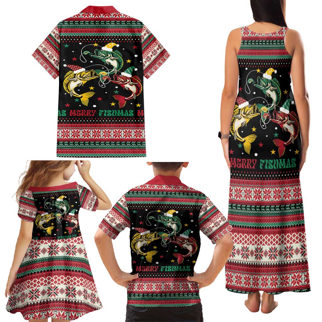 Funny Fishmas Bass Family Matching Tank Maxi Dress and Hawaiian Shirt Christmas Santa Hat Lights - Wonder Print Shop