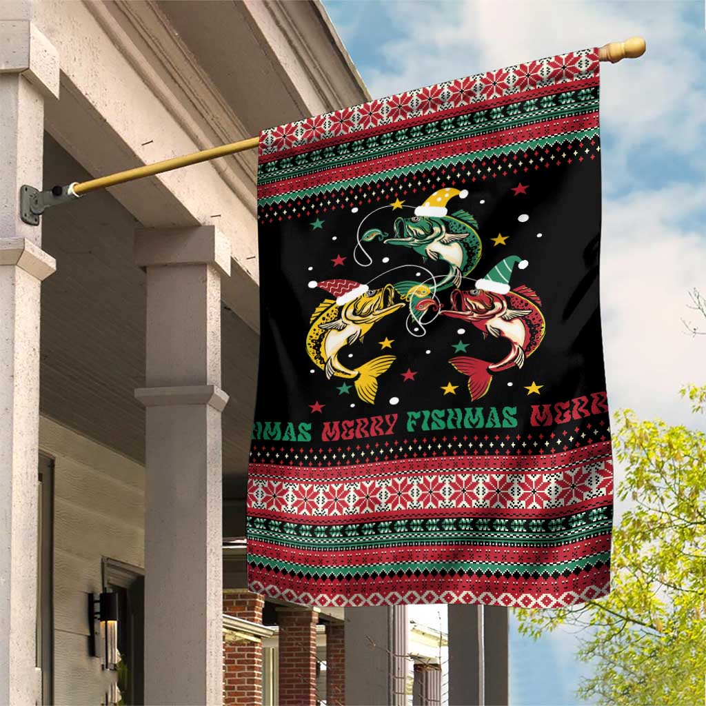Funny Fishmas Bass Garden Flag Christmas Santa Hat Lights - Wonder Print Shop