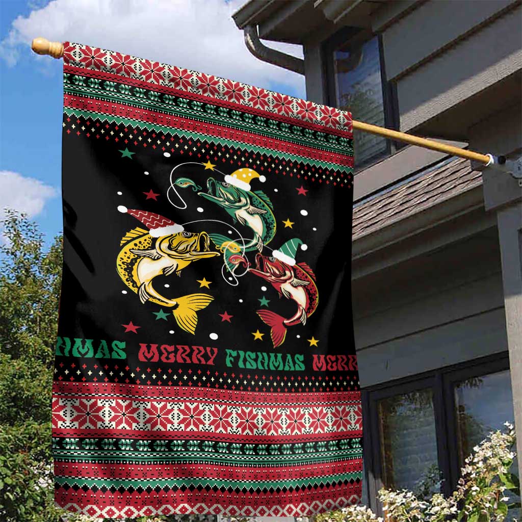 Funny Fishmas Bass Garden Flag Christmas Santa Hat Lights - Wonder Print Shop