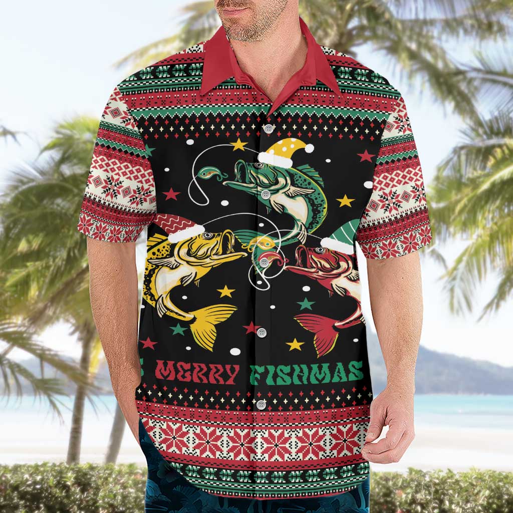 Funny Fishmas Bass Hawaiian Shirt Christmas Santa Hat Lights - Wonder Print Shop