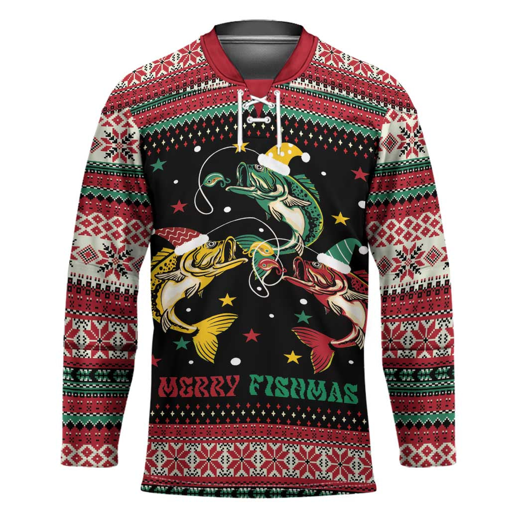 Funny Fishmas Bass Hockey Jersey Christmas Santa Hat Lights - Wonder Print Shop