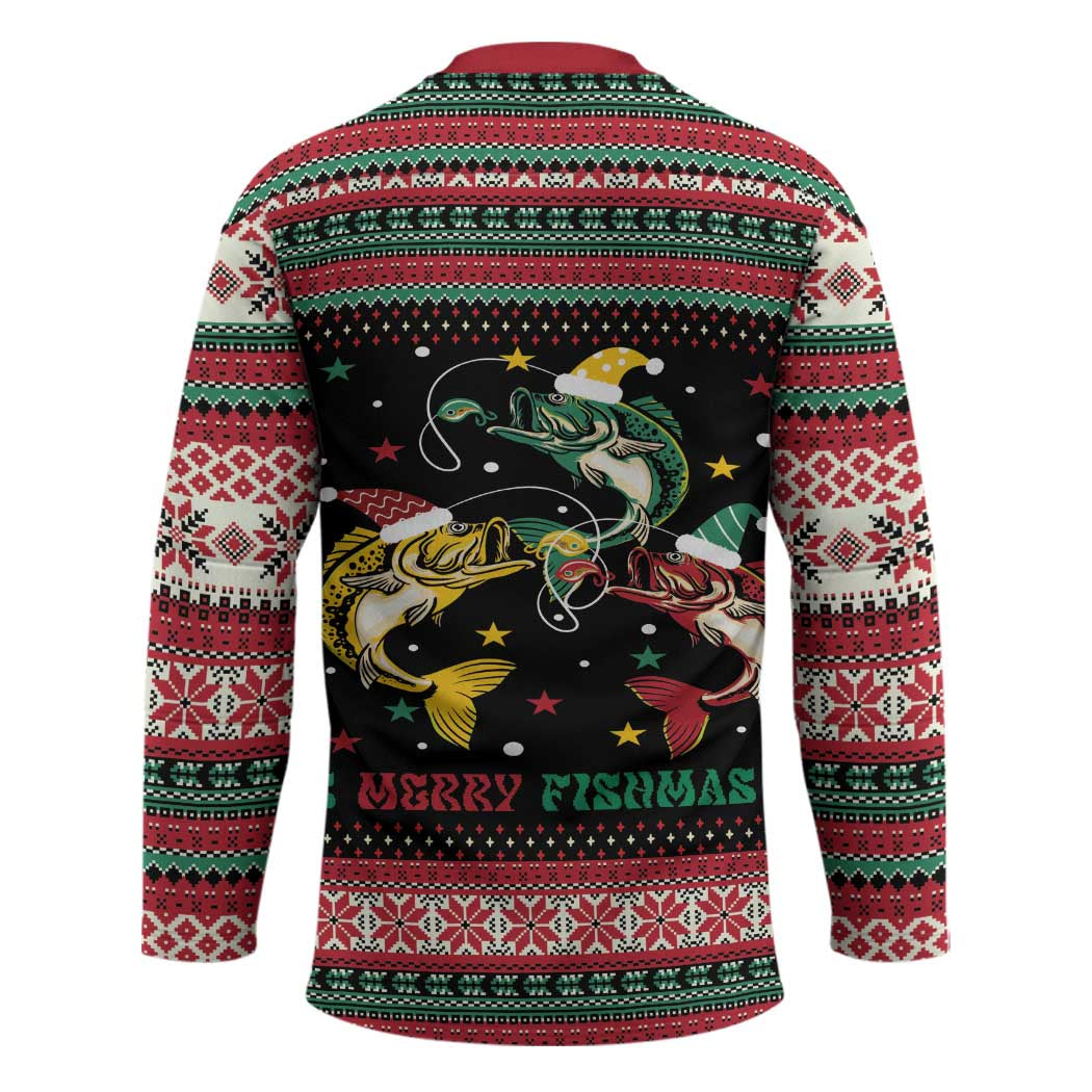 Funny Fishmas Bass Hockey Jersey Christmas Santa Hat Lights - Wonder Print Shop