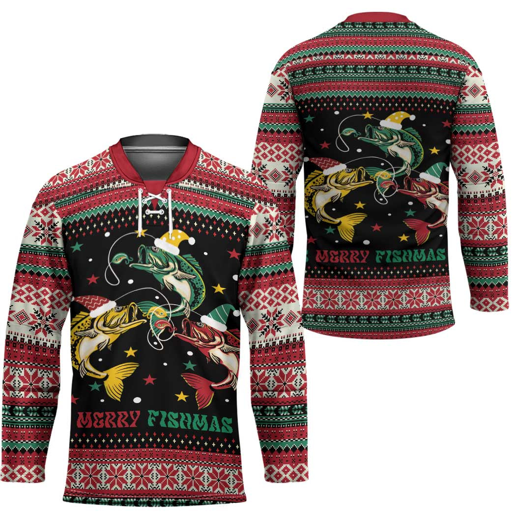 Funny Fishmas Bass Hockey Jersey Christmas Santa Hat Lights - Wonder Print Shop