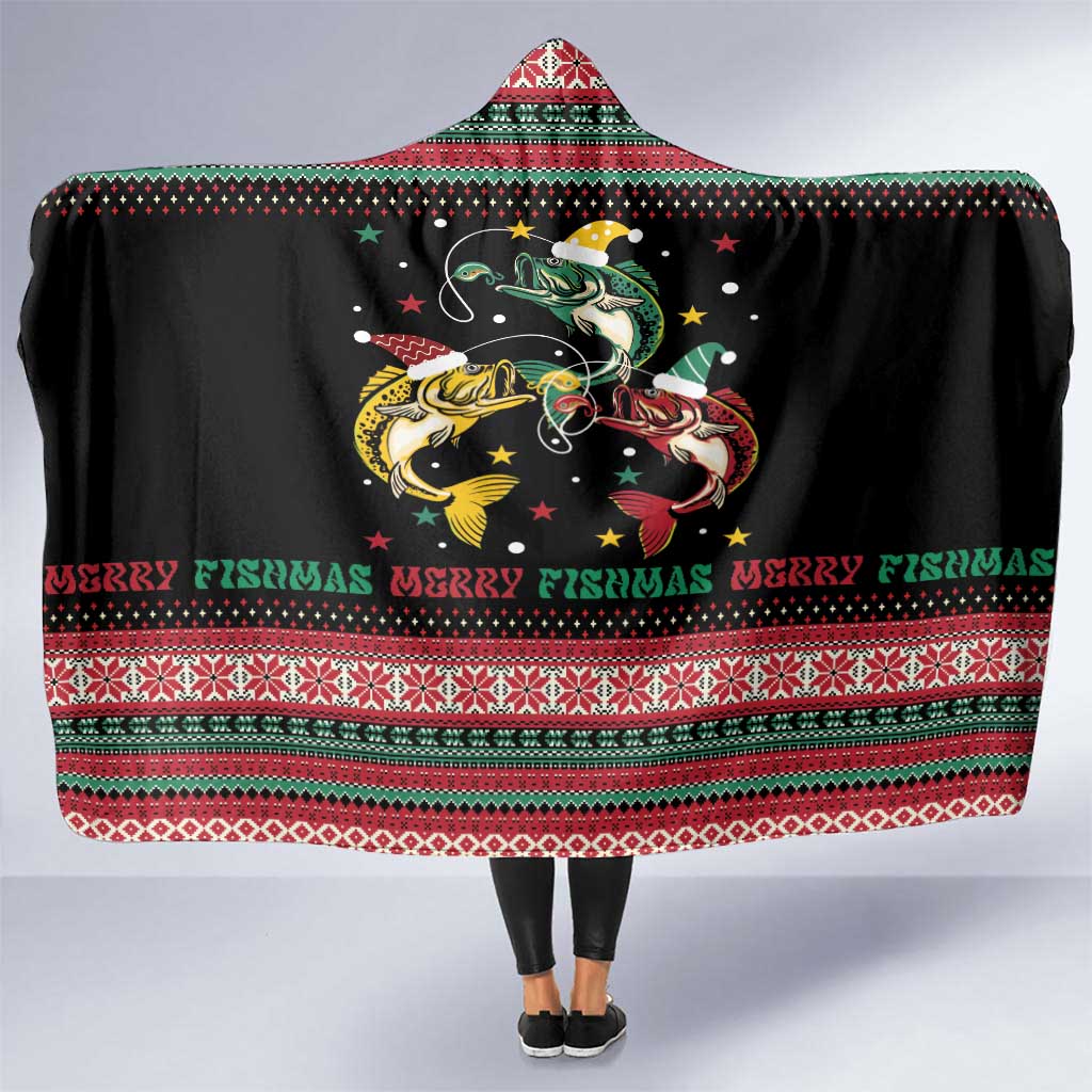 Funny Fishmas Bass Hooded Blanket Christmas Santa Hat Lights - Wonder Print Shop
