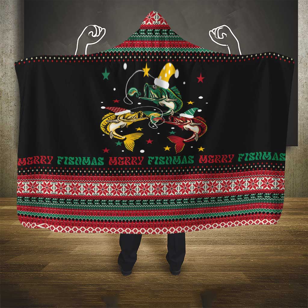 Funny Fishmas Bass Hooded Blanket Christmas Santa Hat Lights - Wonder Print Shop