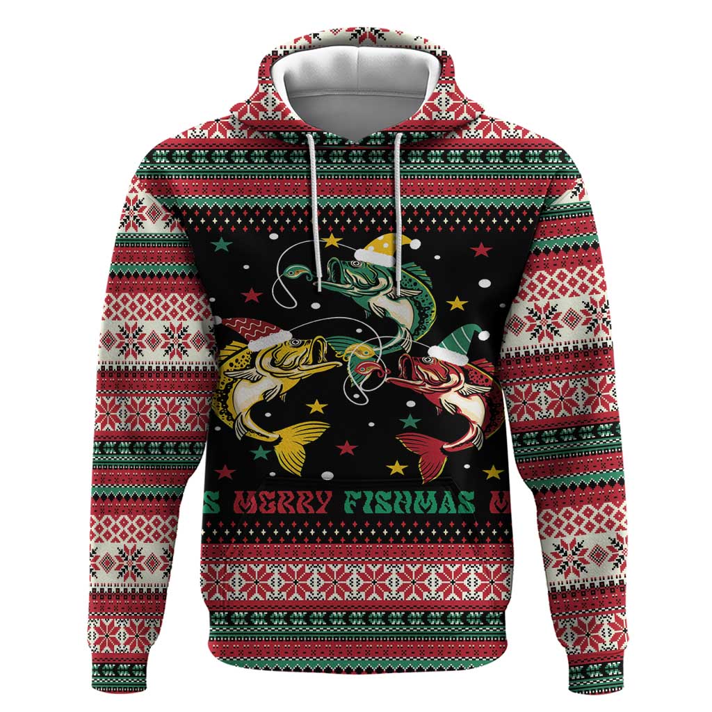 Funny Fishmas Bass Hoodie Christmas Santa Hat Lights - Wonder Print Shop