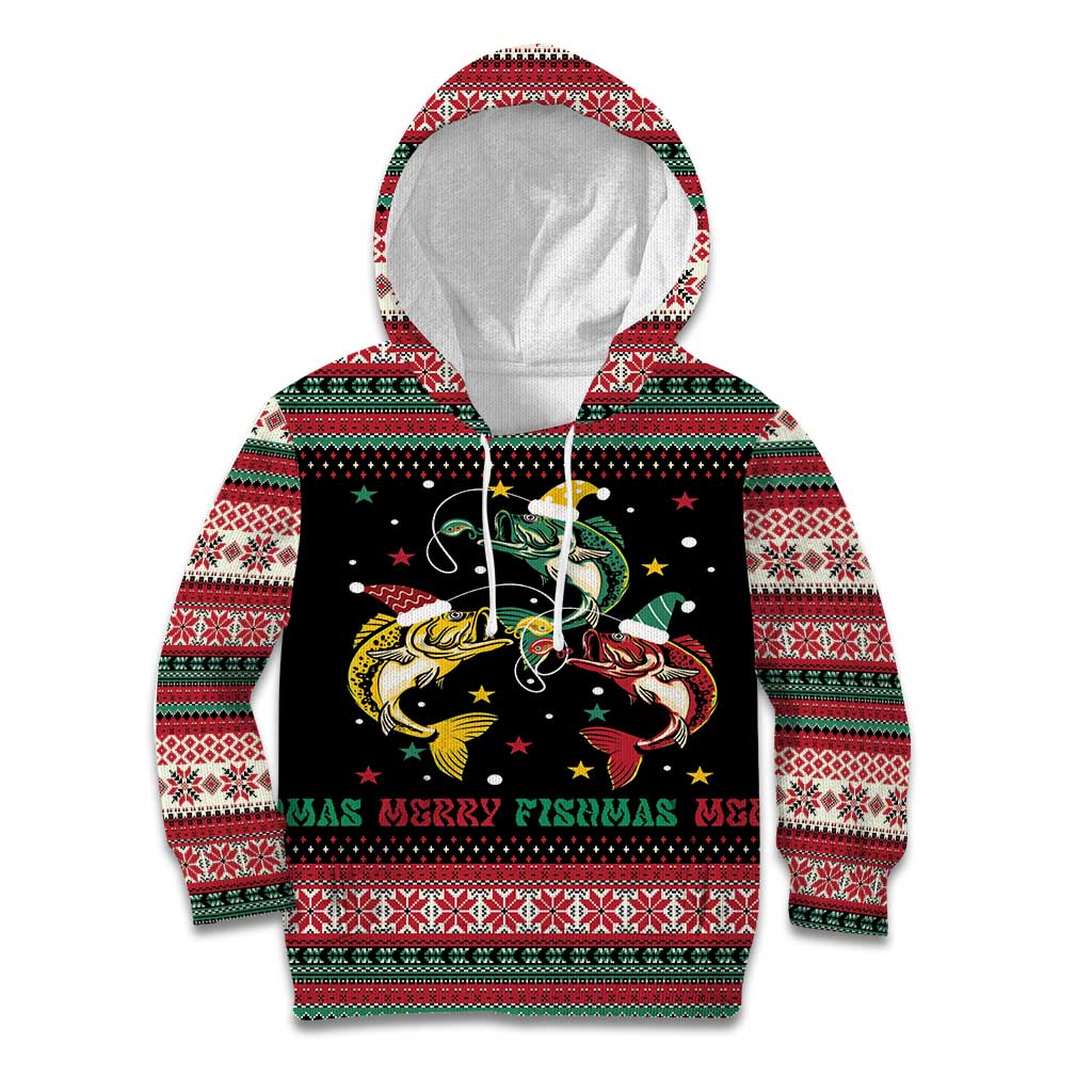 Funny Fishmas Bass Kid Hoodie Christmas Santa Hat Lights - Wonder Print Shop