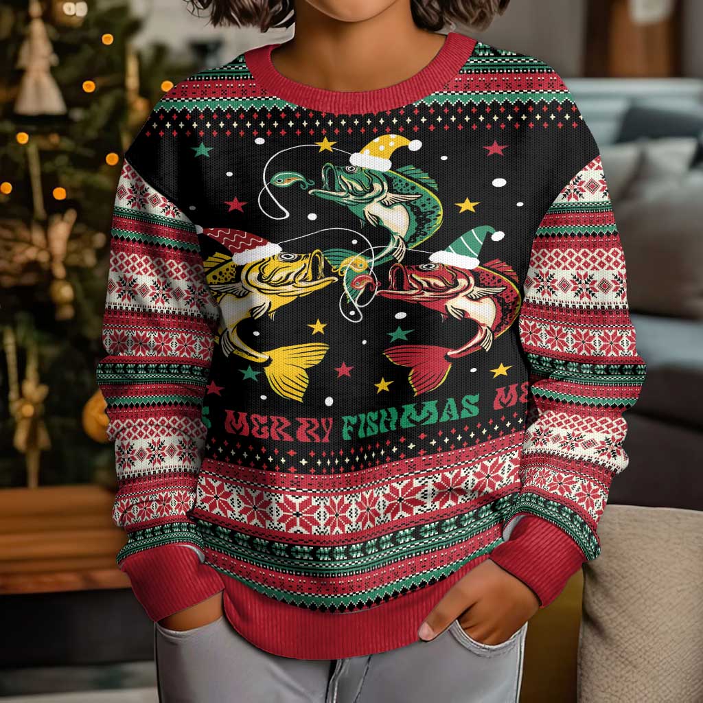 Funny Fishmas Bass Kid Ugly Christmas Sweater Christmas Santa Hat Lights - Wonder Print Shop