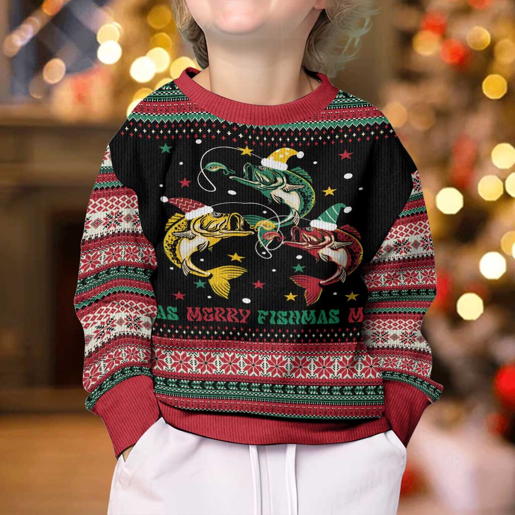 Funny Fishmas Bass Kid Ugly Christmas Sweater Christmas Santa Hat Lights - Wonder Print Shop