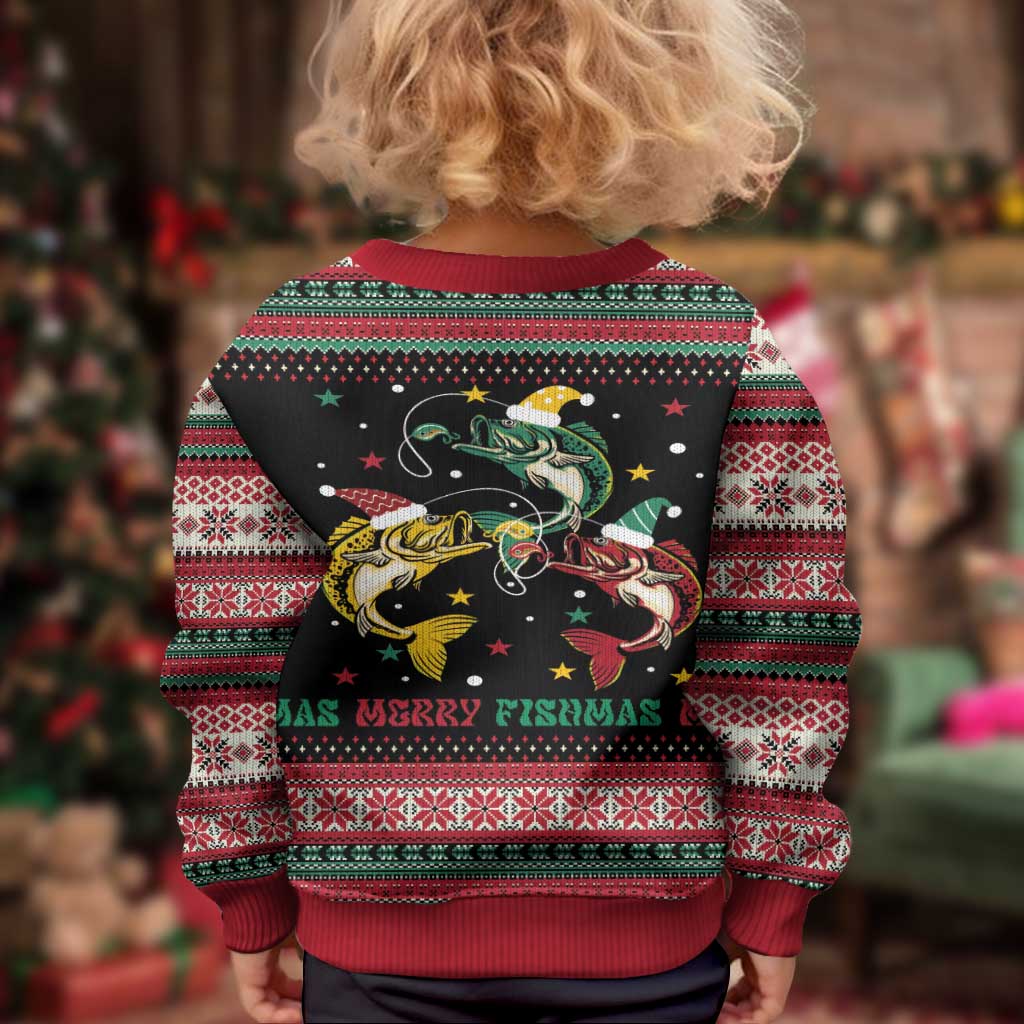 Funny Fishmas Bass Kid Ugly Christmas Sweater Christmas Santa Hat Lights - Wonder Print Shop